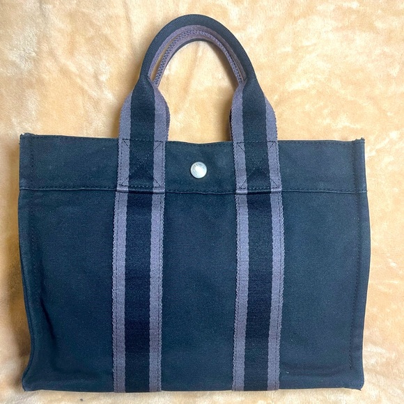 Hermes Canvas Tote Bag (Small)Handbag Satchel Black Grey